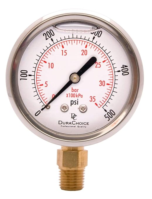 2" Oil Filled Pressure Gauge - Stainless Steel Case, Brass, 1/4" NPT, Lower Mount Connection, 0-500PSI