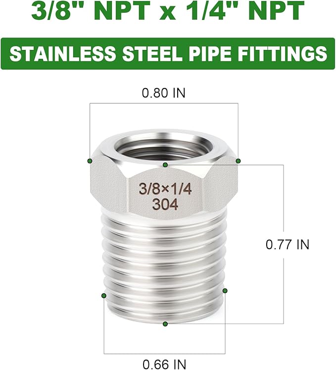 TAISHER 10PCS 304 Stainless Steel New Reducer Hex Bushing, 3/8" NPT Male x 1/4" NPT Female, Reducing Pipe Adapter Fitting