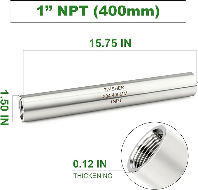 TAISHER 1PCS Stainless Steel Pipe Fittings, 1" NPT Female x 1" NPT Female Threaded, 16" Length Thickened Nipple Cast Pipe