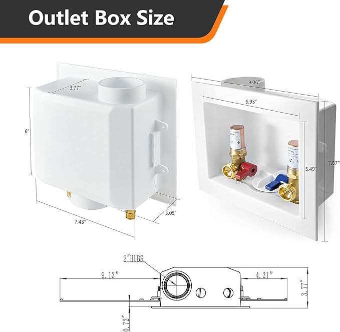 1-Pack HeSun Washing Machine Outlet Box,Pex A Expansion Washer Box with Drain, 1/2 Inch PEX-A Inlet x 3/4 Inch MHT Outlet,with Copper Arrestor,ASTM F1960(WM013)