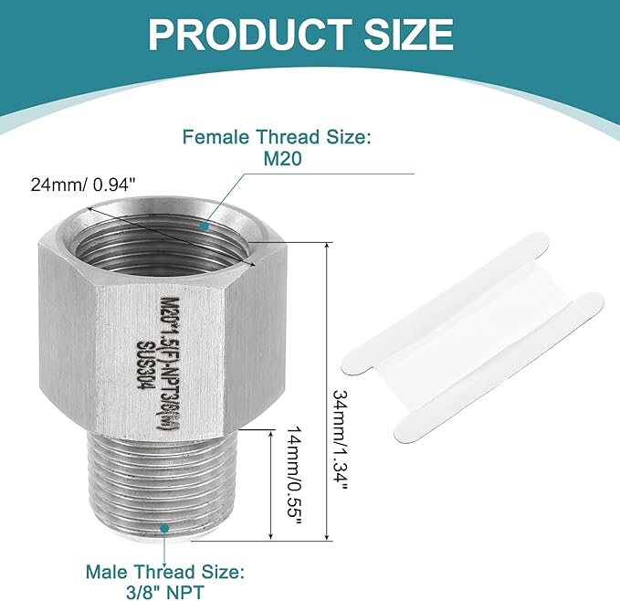uxcell Pipe Fitting Reducing Adapter, 3/8" NPT Male x M20 Female 304 Stainless Steel Reducer Connector for Water Oil Air Pressure Gauge, Silver