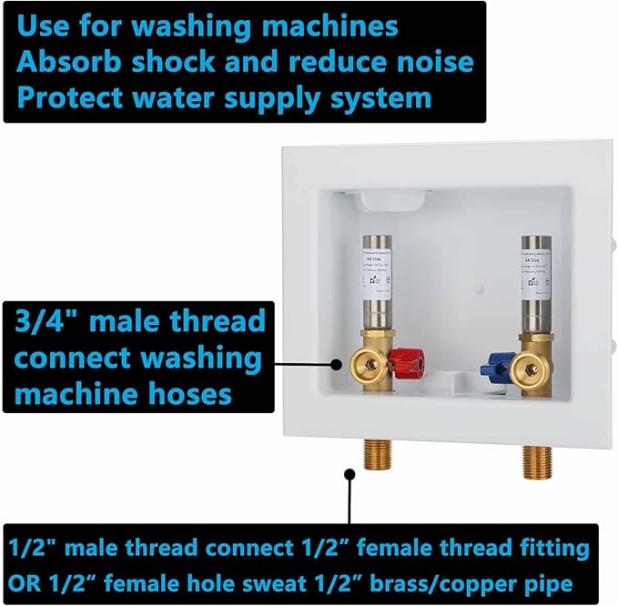 (1 Pack) Lidertik Washing Machine Outlet Box with Hammer Arrestors and Center Drain, Inlet 1/2 inch Thread or Sweat x Outlet 3/4 inch Male Thread, Absorb Shock And Reduce Noise LI-611-11
