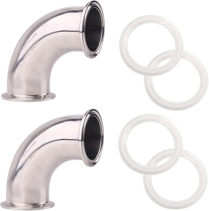 DERNORD 2 Pack 2" Tube OD Sanitary Ferrule Elbow 90 Degree Pipe Fitting with 4 Silicone Gaskets SUS304 Tri Clamp 2 Inch