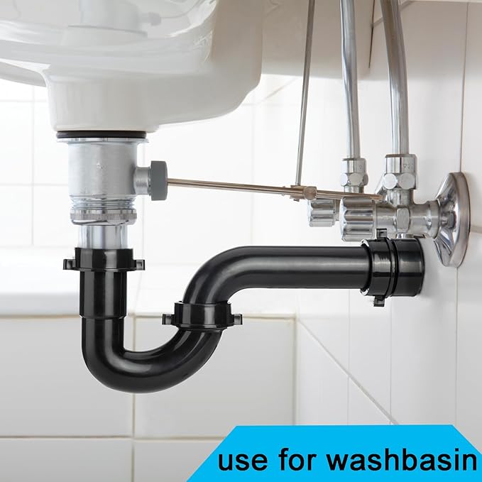 (1 Pack) Yariwiz Black P Trap 1 1/2 Inch for Bathroom Kitchen Sink Drain Pipe Tubular Kit with Black Threaded Adapter and Blue TPE Washer KSD-001B