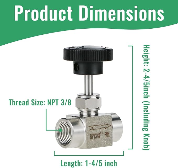 Angry Pony Stainless Steel 304 NPT 3/8 female Straight Needle Valve, High Pressure Hydraulic Flow Control Valve for Water Oil Gas Systems, 900 PSI