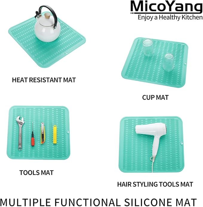 Silicone Dish Drying Mat for Multiple Usage,Easy clean,Eco-friendly,Heat-resistant Silicone Mat for Kitchen Counter or Sink,Refrigerator or Drawer Liner Mint XL 18 inches x 16 inches