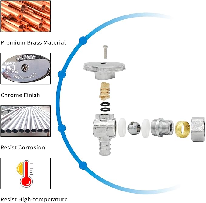 (10 Pack) BH Angle Stop Valve 1/2" PEX x 3/8" OD Comp, 1/4 Turn Shut Off Valve, Chrome Plated Brass, for Bathroom Toilet Kitchen Shower Plumbing