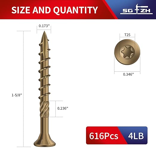 #8 x 1-5/8" Deck Screws (616Pcs) 4lb. Carbon Steel, Yellow, Flat Head, Rust Resistant epoxy Coated, with T25 Star Bit