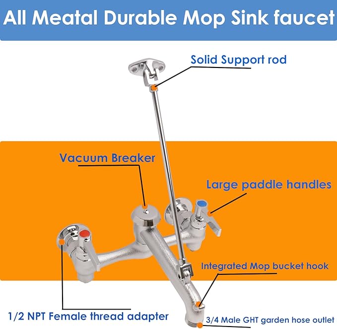 WHK Commercial Mop Sink Faucet with Vacuum Breaker Wall Mount Faucet 8" Adjustable Center,Pail Hook use for Hot Cold Water Utility Indoor/Outdoor,Garden(Brass,Rough Chrome)