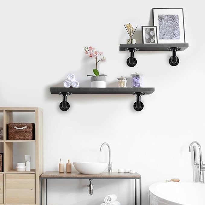 L-Shaped Industrial Pipe Shelf Brackets, Black Metal Wall-Mounted Floating Shelf Supports for 8-14 Inch Plates, Heavy-Duty DIY Rack Supports (4-Pack)