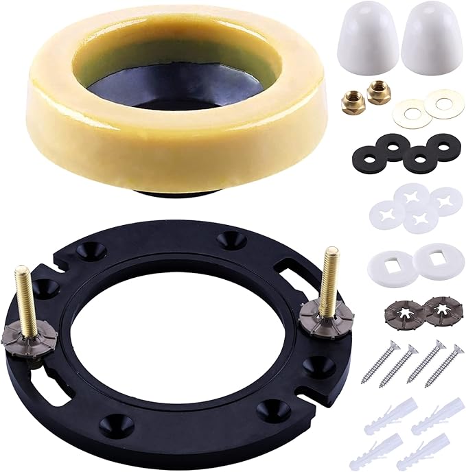 Toilet Flange with Wax Ring for Toilets Replacement Kit Includes Bolts PVC Toilet Flange Repair Kit for 3" or 4" Pipes, Fit Toilet Install & Repair