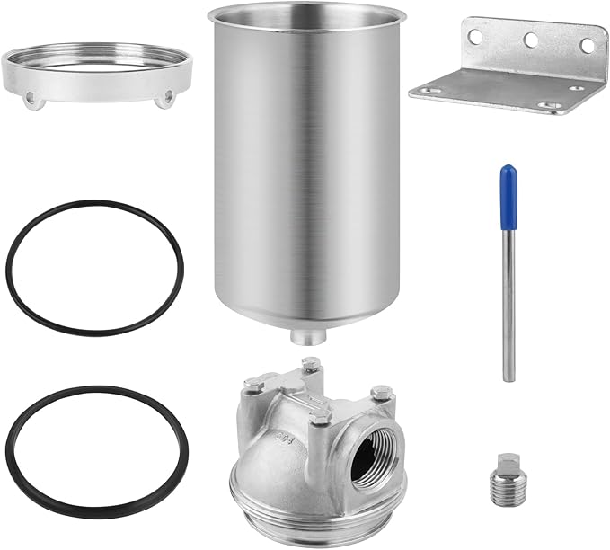 Amwater NSF/ANSI 42 Stainless Steel Whole House Water Filter Housing, 5" x 2.5" Sediment Water Filter System for Heavy Duty, Well & City Water, 1" NPT Port, Drain Valve Style C