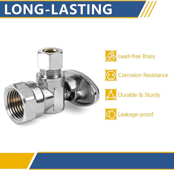 Angle Stop Valve,1/2" FIP Iron Pipe x 3/8" Compression Chrome Angle Shut-off Valve with 1/4 Turn (Pack of 10)(VALVE054-10Pack)