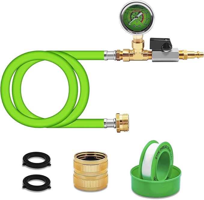 RV Winterizing Kit with Pressure Gauge, 60inch RV Winterize Hose with 3/4" GHT Blow Out Fitting Adaptor & 1/4" Quick Connect Plug, Sprinkler Winterization for RV, Camper, Boat, Travel Trailer, Green