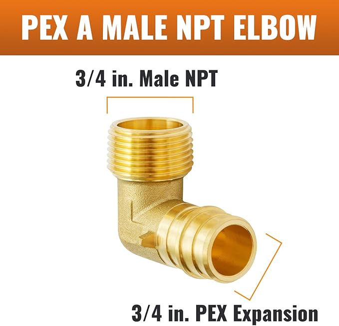 SUNGATOR 2-Pack PEX A Expasnion 3/4"x 3/4" Male NPT Elbow Threaded Adapter Brass Fitting, No Lead Brass, ASTM F1960 ONLY For Pex-A Tubing