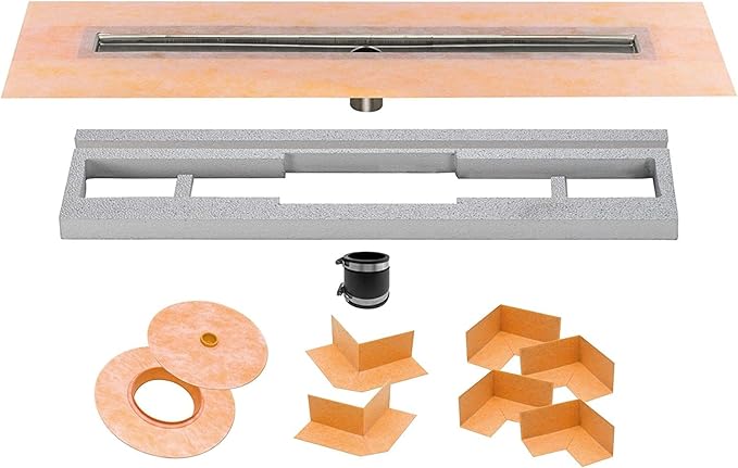 All-in-one Waterproof Linear Shower Drain Kit with 24 Inch Center Outlet Channel Body (KL1V60E60) and Drain Grate Assembly (Cover) in Solid Design with Brushed Stainless Steel Finish (KL1AR19EB60)