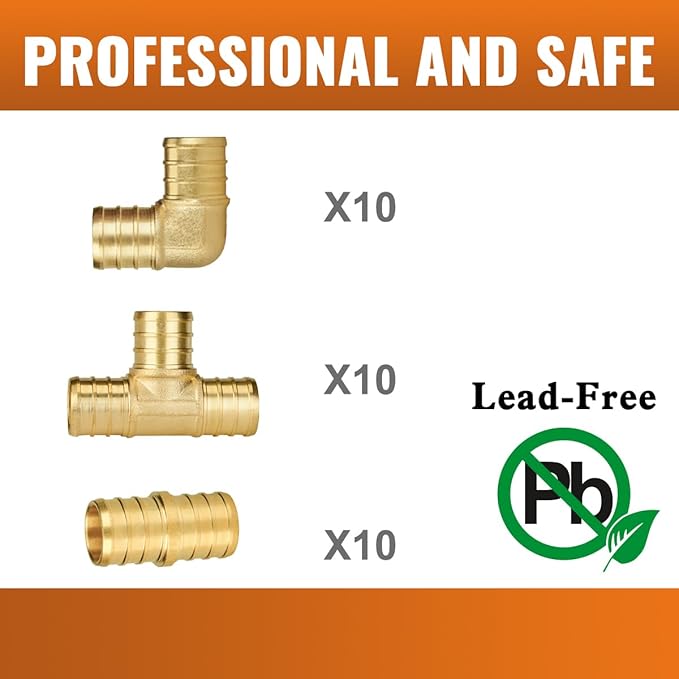 SUNGATOR 30-Pack 3/4 Inch PEX Fittings, 10 Each Elbow Tee Coupling, No Lead Brass Pex Fittings 3/4 Inch Assortment, UPC, NSF Certified