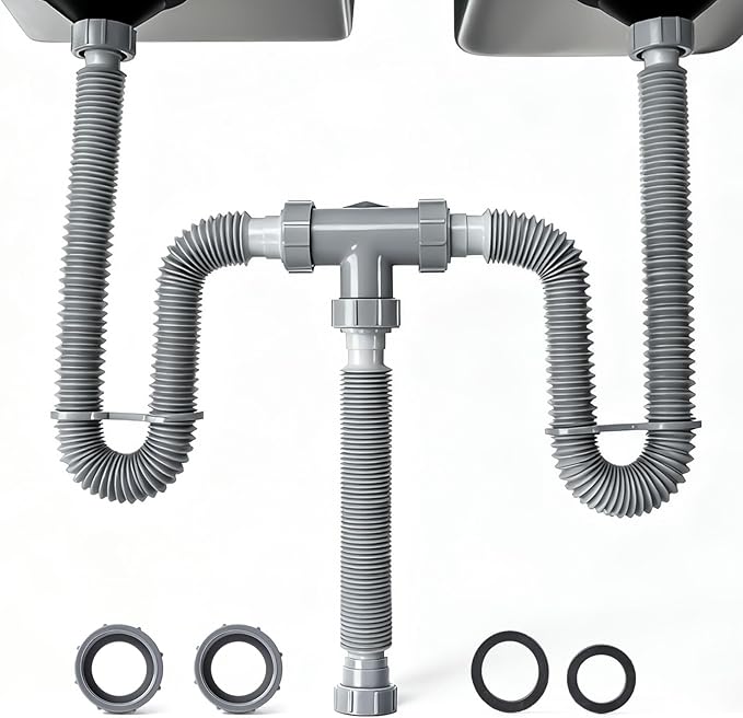 Sink Drain Pipe Kit - Expandable Flexible P-Trap for 1 1/2" or 1 1/4" Drains, Complete with Connectors and Adapter, Adjustable Installation, Ideal for Kitchen, Bathroom(Grey)