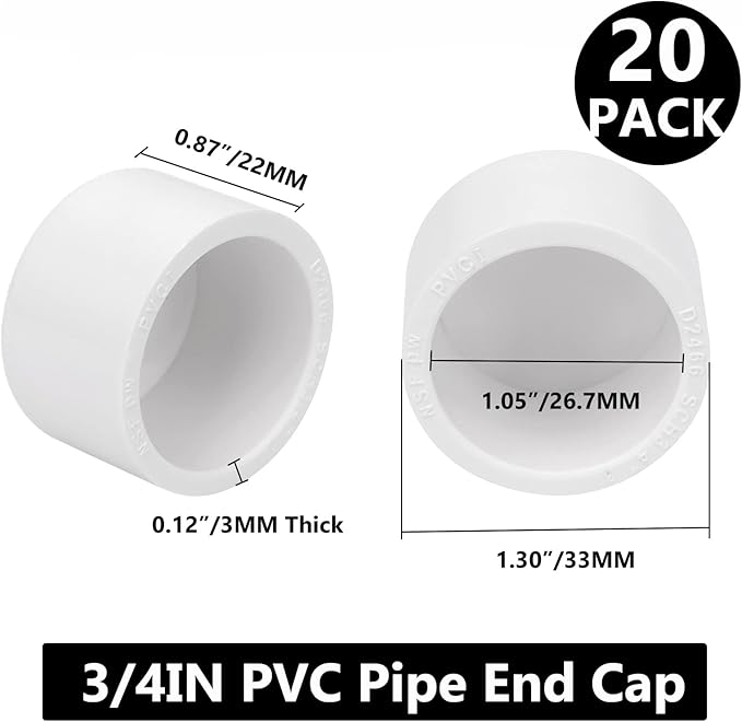 20 Pack PVC Pipe End Cap Fitting 3/4 Inch PVC Pipe End Cap Plug Adapter, Schedule 40 Furniture Grade 3/4 in PVC Pipe Plug Socket Fittings for Build PVC Furniture DIY Garden Shelf