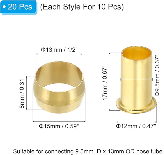 PATIKIL Brass Compression Sleeves Ferrules for 1/2 Inch OD Hose Tube, 40 Pack Brass Ferrule Brass Compression Insert Fitting Assortment Kit for Air Water Gas Pipe