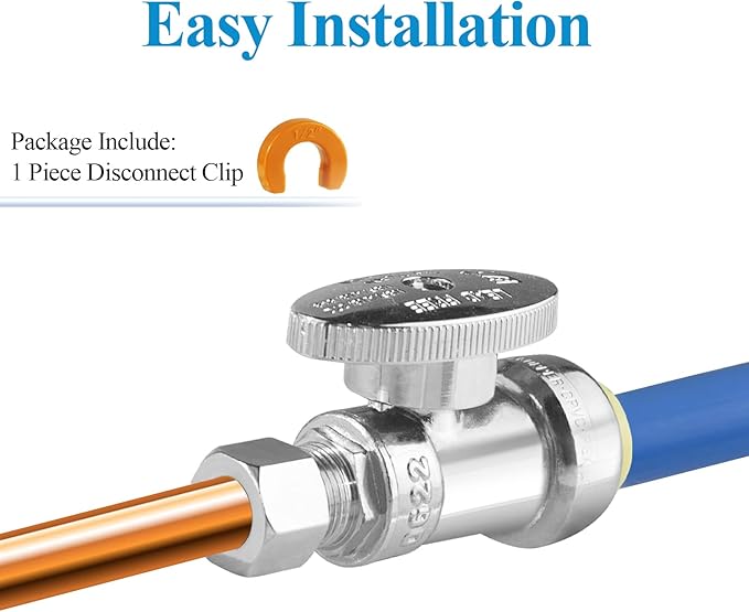 WiseWater Push Connect Straight Stop Valve 1/2" x 1/4", 1/4 Turn with Disconnect Clip, Chrome Plated Brass Shut Off Valve for PEX Copper CPVC Pipes (10-Pack)