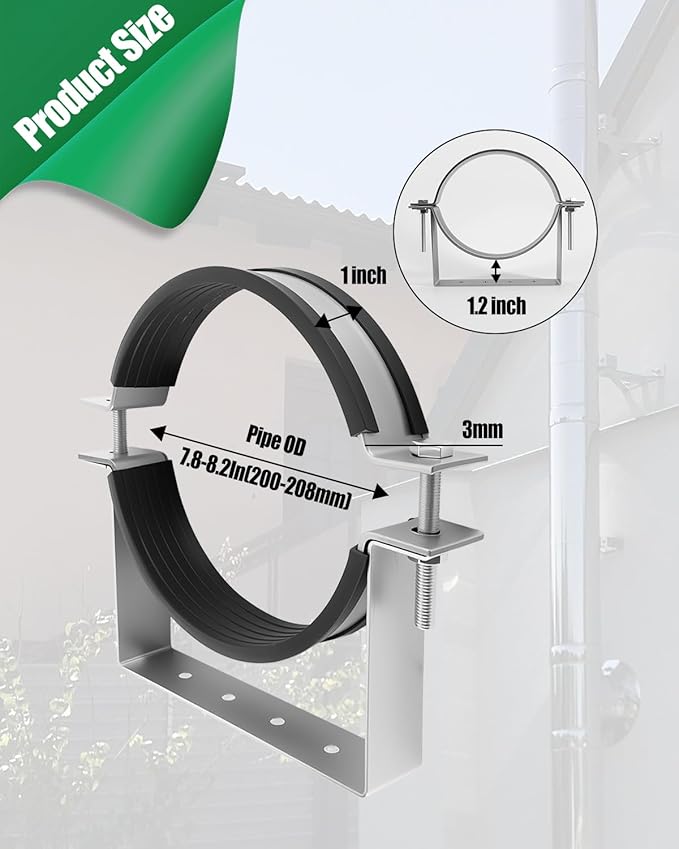8 Inch Pipe Hanger Bracket, Heavy Gauge Steel Support with Rubber Pad for 7.8-8.2 Inch Duct & Chimney, Industrial Pipe Support