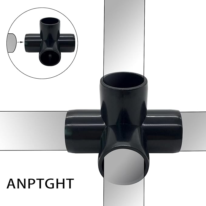 3/4" Tee PVC Fitting 4 Way Elbow Connector, Furniture Grade 90 Degree Elbow Side Outlet. Corner Fittings for Building Furniture Greenhouse Shed Pipe Fittings Tent Connection (Black-Pack of 8)