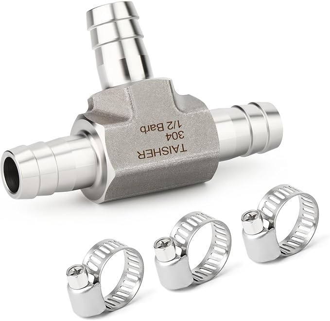 TAISHER 1PCS Forging of 304 Stainless Steel 3 Way Tee Hose Barb Fitting, 1/2" x 1/2" x 1/2" Hose Barb for Fuel/Air/Lquid/Gas with 3PCS Hose Clamp