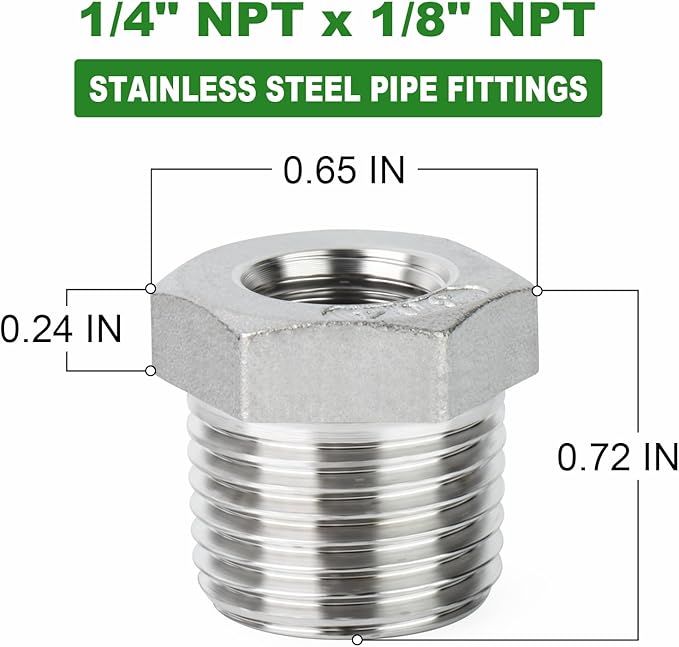 TAISHER 15PCS 304 Stainless Steel Reducer Hex Bushing, 1/4" NPT Male x 1/8" NPT Female, Reducing Pipe Adapter Fitting