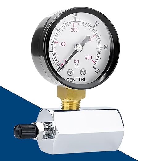 SENCTRL 0-60 Psi Gas Pressure Test Gauge, 2" Dial Size, 3/4" FNPT Connection, Brass Valve, Chrome Plated Steel Body Assembly