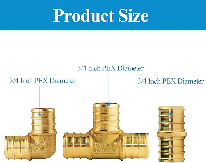 WiseWater 36 Pcs Pex Fittings, 3/4 inch T PEX Tee(12PCS) & 90 Degree Elbow & Straight Coupling, Brass Barb Crimp Pipe Fitting for Pex Pipe(Pack of 36), UPC Certified