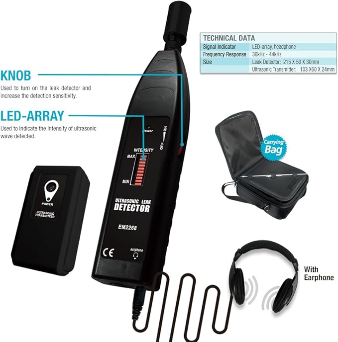 allsun Pro Ultrasonic Leaking Detector Transmitter Auto Noise Finder, Electronic Stethoscope HVAC Machine Noise Monitor 36-44KHz, Air Gas Water Leak Diagnosis Tool