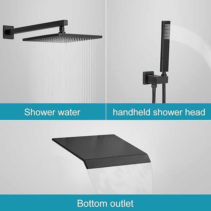 BWE 10 Inch Black Shower System Faucet Waterfall Tub Complete with Matte Spout Set Square Luxury Rain Mixer Pressure Balancing 3-Function Wall Mount Rainfall Rough-in Valve Body and Trim Included