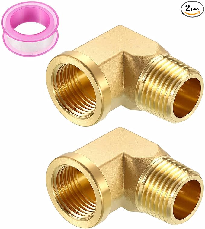 Pack of 2, 90° 1/2" FNPT to 1/2" MNPT Solid Brass Barstock Street Elbow W/Sealing Tape, Forged Pipe Fitting for Pipe Leak Repair, Bathroom Remodeling, Tool Extension, Compression