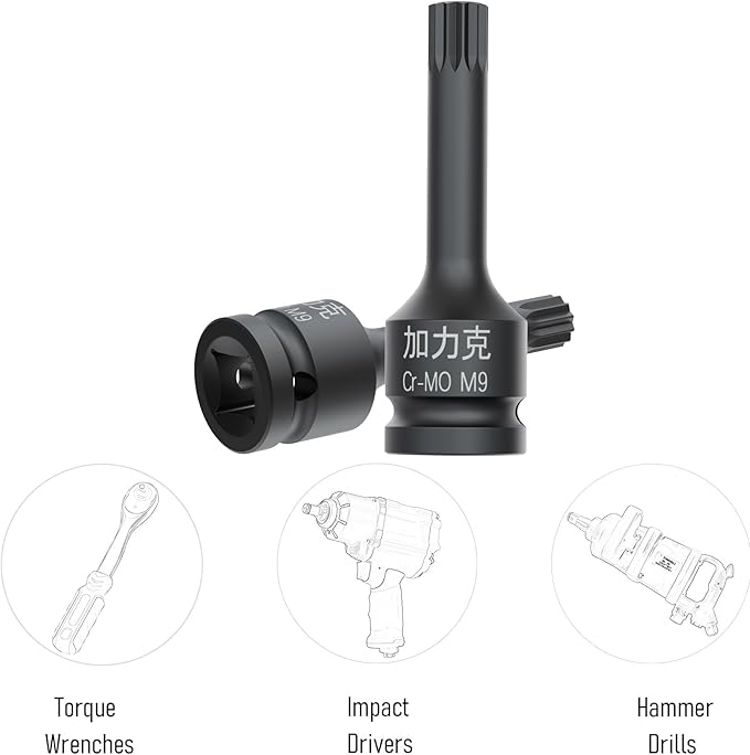 1/2-Inch Drive x M9(9mm） Impact XZN Triple Square Spline Bit Socket, Metric Lengthen Screwdriver Socket Adapter, 3-Inch Length, CR-MO Steel, One-Piece Construction, Black