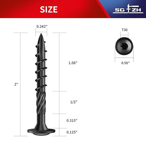 #14 x 2 Inch Lag Screws (57Pcs) 1lb. Structural Wood Screw, Black, Carbon Steel, Washer Head, Rust Resistant epoxy Coated, T30 Torx Bit