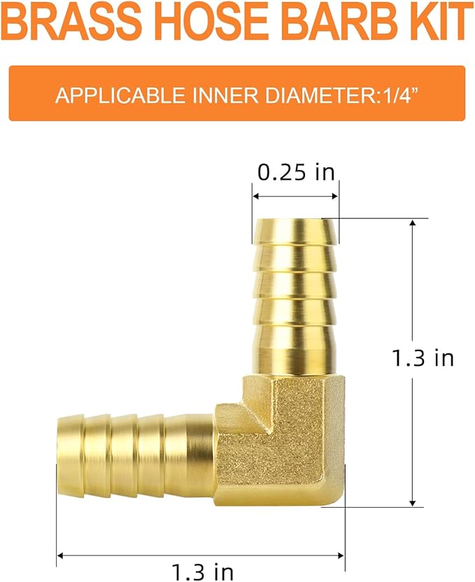 GASHER 10 Pieces Brass Hose Barb Reducer, 1/4 Inch to 1/4 Inch Barb Hose ID 90 Degree L Right Angle Elbow with 20 Hose Clamps, Brass Barb Reducer SPLICER Fitting Fuel/AIR/Water/Oil/Gas/WOG