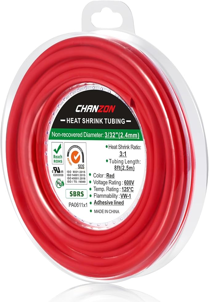 Chanzon 3:1 Ratio 3/32" (2.4mm) Heat Shrink Tubing - Marine Grade Waterproof Adhesive Lined - 8Ft Roll (2.5M Total Length) Red Polyolefin Sleeving Wrap Shrinking 3 to 1 Ratio 1pcs