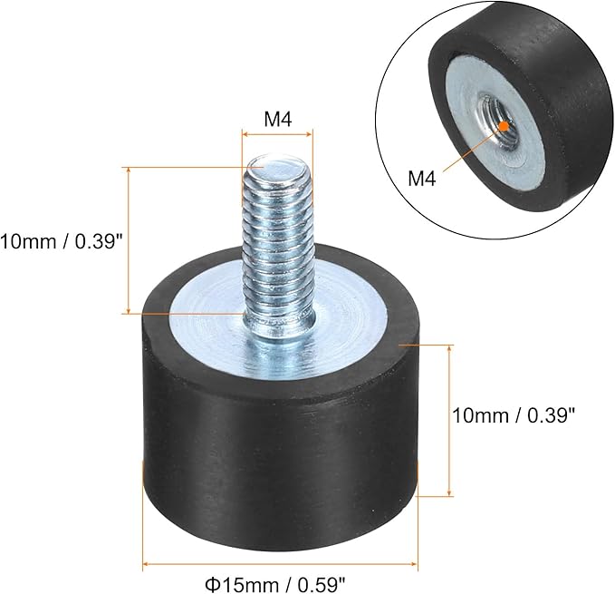 uxcell 6pcs M4x10mm Rubber Isolator Mounts with Studs 15x10mm Male Female Vibration Shock Absorber Zinc Plated Cylindrical Thread Mounts Anti Vibration Isolators with 6pcs M4 Lock Nuts