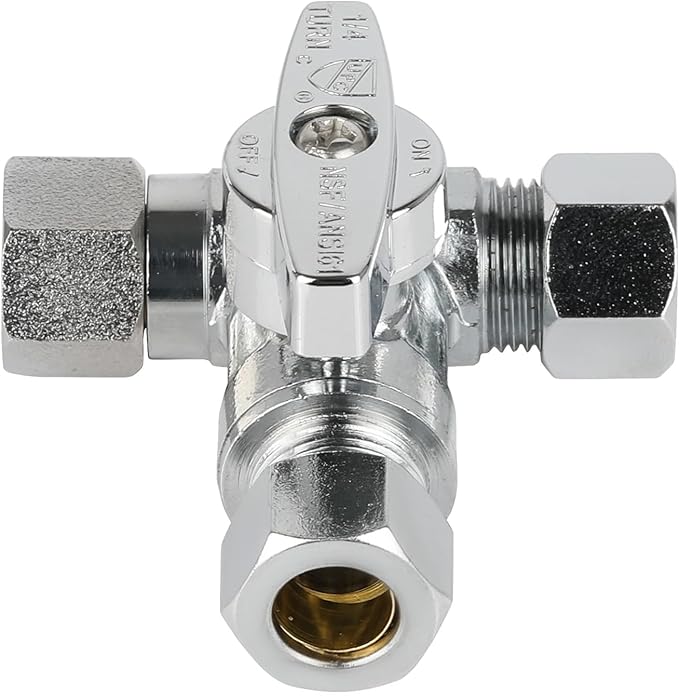 (Pack of 5) EFIELD 1/4-Turn Stop Tee Compression Stop Valve, 3/8" OD x 3/8" OD x 1/4" OD, Chrome Plated Brass, UPC Certified,(VALVE463-5PCS)
