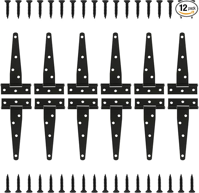 12 Pack 5 Inch T Strap Hinges, Shed Door Gate Hinges, Heavy Duty Black Outdoor Tee Hinge for Wooden Fences, Barn Door Gates Hinge for Shed Door Hardware