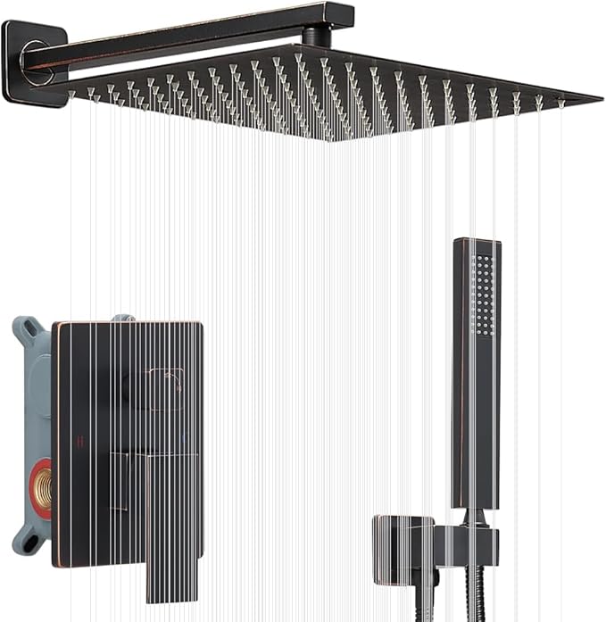Oil Rubbed Bronze Shower System 12 Inch Bathroom Rain Mixer Shower Combo Set Wall Mounted Rainfall Shower Head and Handheld System Shower Faucet Set Rough-in Valve Body and Trim Kit