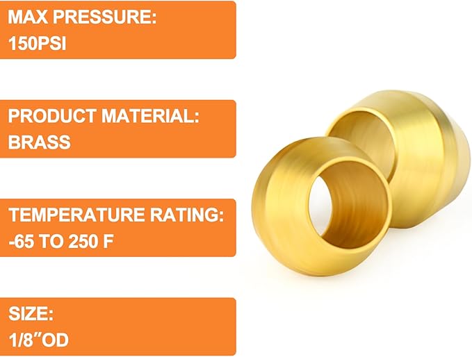 GASHER 100PCS Brass Compression Fitting, Brass Compression Sleeve Ferrules 1/8" Tube OD