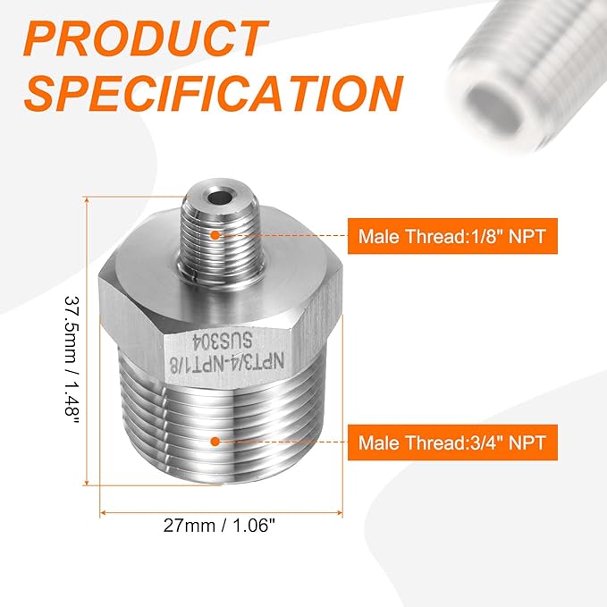 HARFINGTON 2pcs 304 Stainless Steel Hex Nipple 1/8" NPT Male x 3/4" NPT Male Straight Thread Pipe Fitting Extension Pipe Fittings Connector Adapter for Water Oil Gas Tub