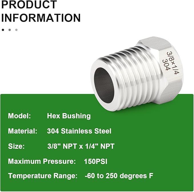 TAISHER 2PCS 304 Stainless Steel New Reducer Hex Bushing, 3/8" NPT Male x 1/4" NPT Female, Reducing Pipe Adapter Fitting