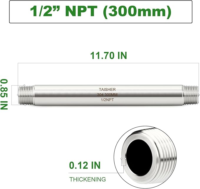 TAISHER 2PCS Stainless Steel Pipe Fittings, 1/2" NPT Male x 1/2" NPT Male Threaded, 12" Length Thickened Nipple Cast Pipe