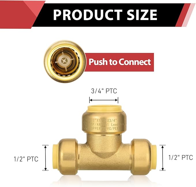 Push-Fit Fitting Tee 1/2" x 1/2"x 3/4” to Connect Pex, Copper, CPVC Pipe with Two Size Disconnect Tool Clips,(PF134),(PF134)