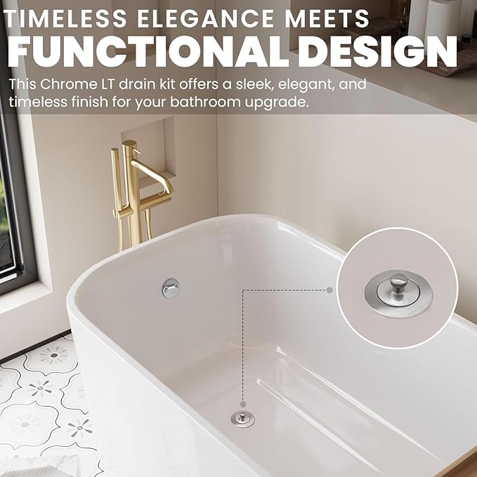 Chrome Bathtub Drain Kit, Lift and Turn - Polished Chrome Tub Drain and Overflow Drain Cover, Plug and Kit for Universal Fit 1-3/8" and 1-1/2" Drains