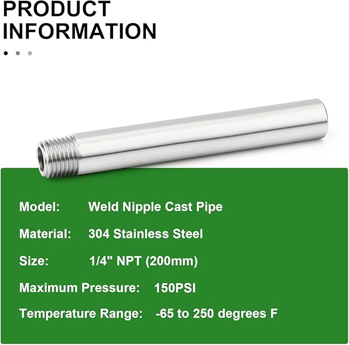 TAISHER 2PCS 304 Stainless Steel Pipe Fittings, 1/4" NPT Male Threaded, 8" Length Weld Nipple Cast Pipe