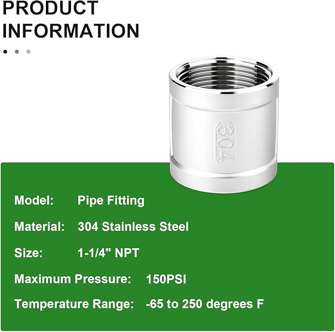 TAISHER 2PCS 304 Stainless Steel Cast Pipe Fitting, Coupling, 1/4" NPT Female Threaded